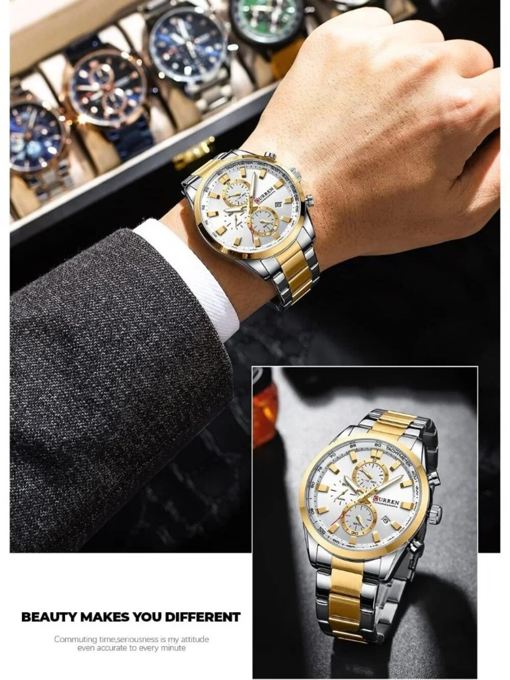 Men's Blue Analog Quartz Waterproof Leather Strap Chronograph Luxury Wrist Watch